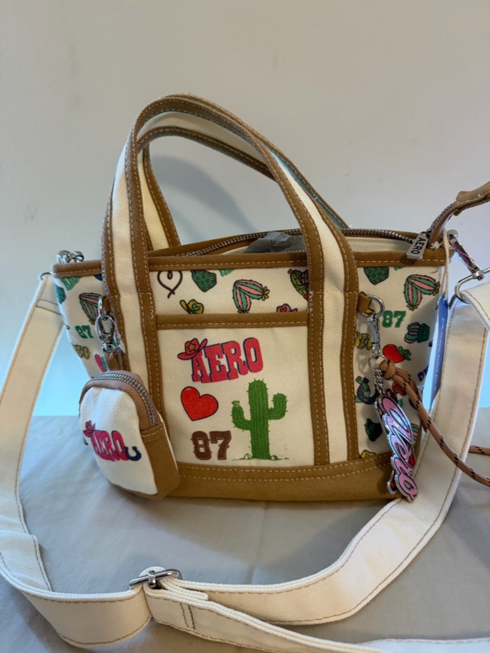 Embroidered Canvas Tote Bag in Cream and Tan
